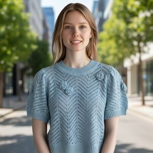 CIAO MILANO Crochet Sweater Top Baby Blue Grannycore Cottagecore Sheer Medium